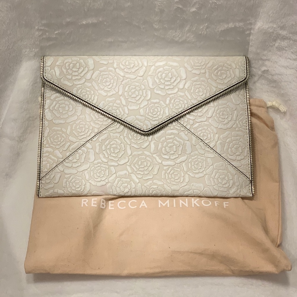 Rebecca Minkoff White and Tan Leather Floral Leo Clutch w/Dust Bag!